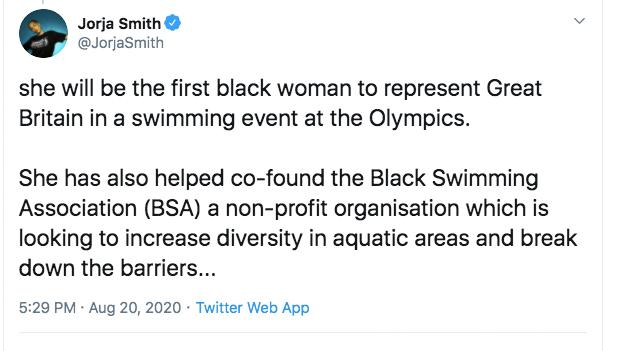 A Jorja Smith tweet explaining how Dearing could become the first black woman to represent Team GB at swimming at the Tokyo Olympics