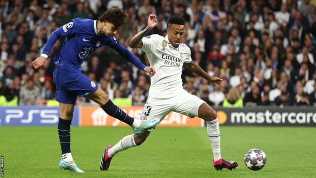 Chelsea's Joao Felix has a shot against Real Madrid in the Champions League