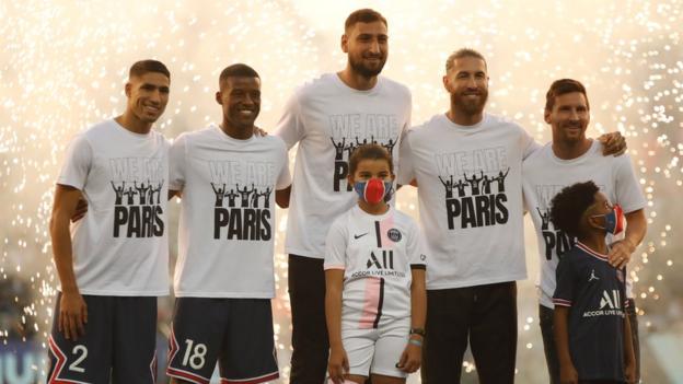 Achraf Hakimi, Georginio Wijnaldum , Gianluigi Donnarumma, Sergio Ramos and Lionel Messi