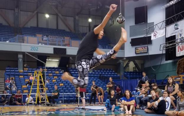 The one-footed high kick at the World Eskimo-Indian Olympics in 2019