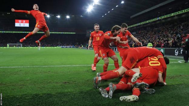 Wales celebrate qualifying for Euro 2020