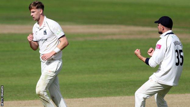 Craig Miles takes a wicket for Warwickshire against Yorkshire