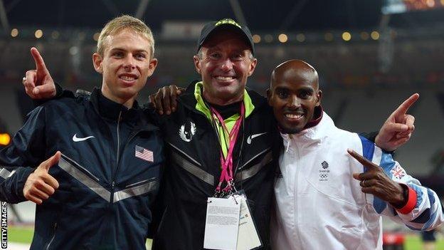 Alberto Salazar (centre) celebrates Sir Mo Farah (right) winning gold in the 10,000m final at the London 2012 Olympics with team mate and silver medalist Galen Rupp (left)