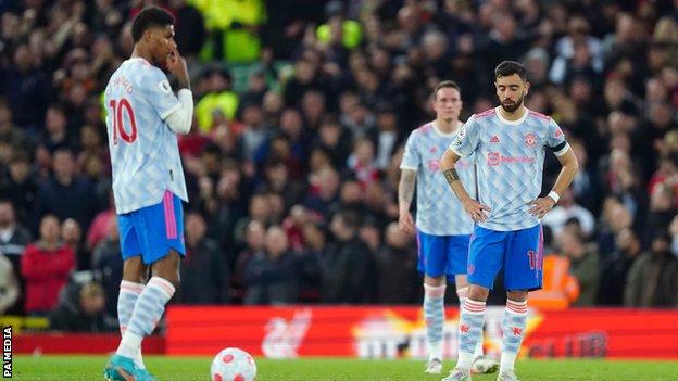 Marcus Rashford, Bruno Fernandes and Phil Jones