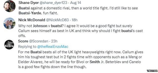 Boxing fans on Twitter discuss Joshua Buatsi's next opponent. One fan says he'd like to see Buatsi face Anthony Yarde, another suggests Callum Johnson as an opponent