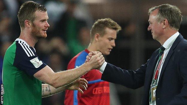 Chris Brunt and Michael O'Neill celebrate after Northern Ireland's 2-0 win over the Czech Republic in the World Cup qualifier in September 2017