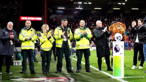 Tom Lockyer (right) shook hands with the medics at Bournemouth before Luton played the Cherries