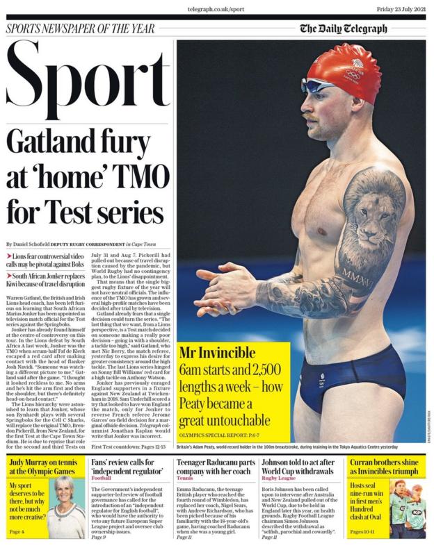The front page of The Daily Telegraph sports section