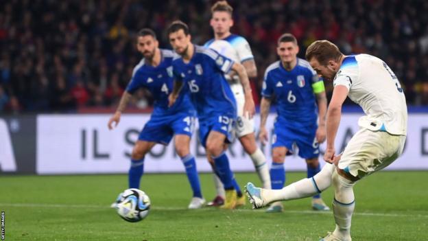 Harry Kane scores a penalty against Italy to become England's all-time top scorer