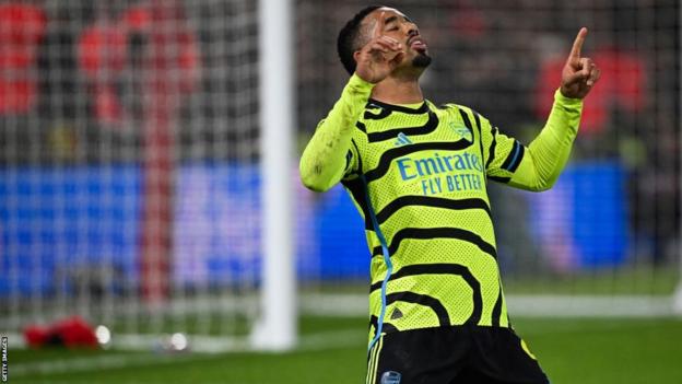 Gabriel Jesus celebrates after opening the scoring against Nottingham Forest