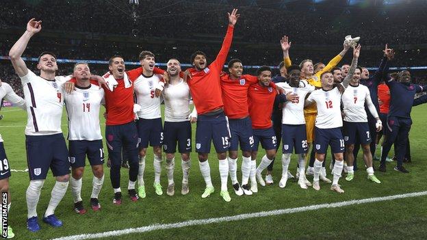 England players celebrate beating Denmark at Euro 2020