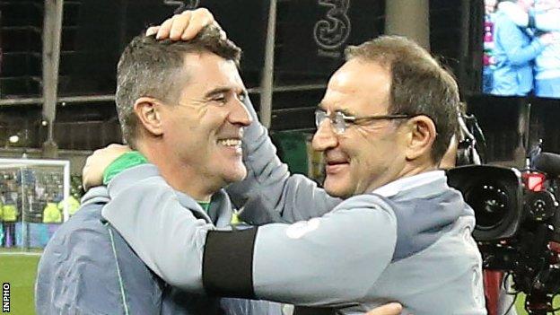 Martin O'Neill embraces Roy Keane after the Republic's Euro 2016 play-off triumph over Bosnia-Herzegovina