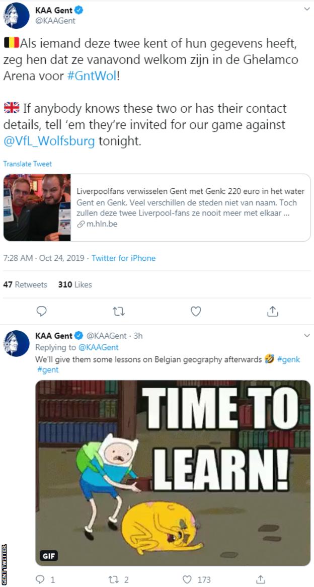 Tweet from KAA Gent inviting Liverpool fans to their game with Wolfsburg