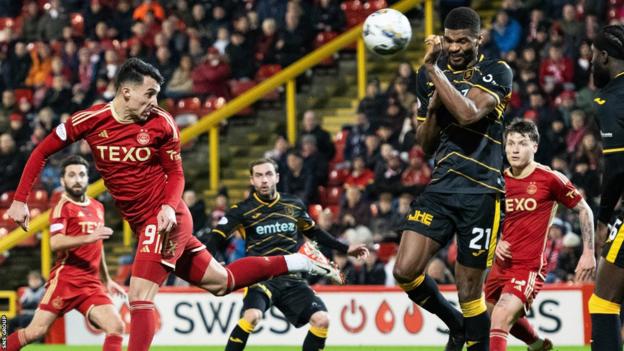 Aberdeen's Bojan Miovski scores to make it 1-1 during a cinch Premiership match between Aberdeen and Livingston at Pittodrie Stadium