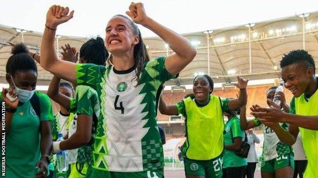 Ashleigh Plumptre celebrates a win with Nigeria