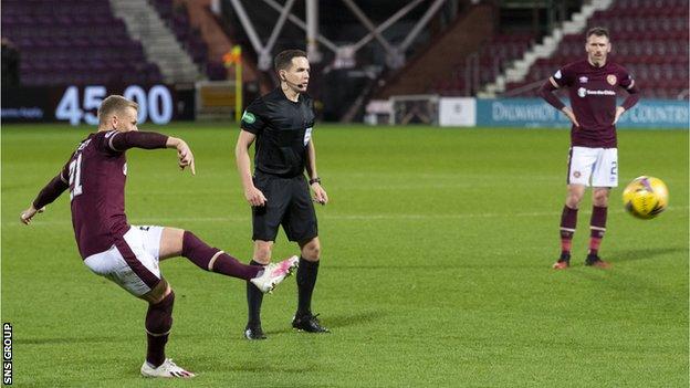 Stephen Kingsley's free-kick made it 4-1 to Hearts before the break