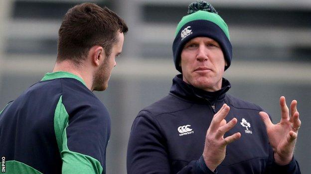 Paul O'Connell speaks to Ireland lock James Ryan at Wednesday's training session