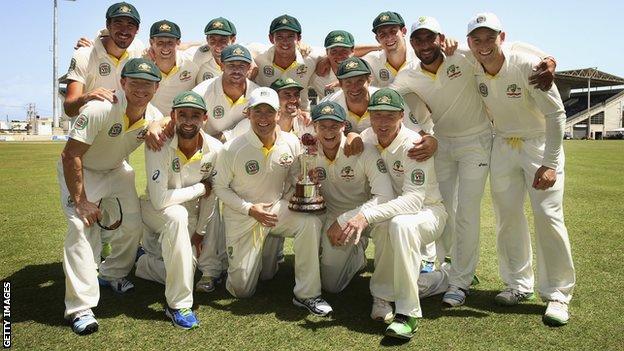 The Australia cricket team celebrate winning their Test series against the West Indies in 2015