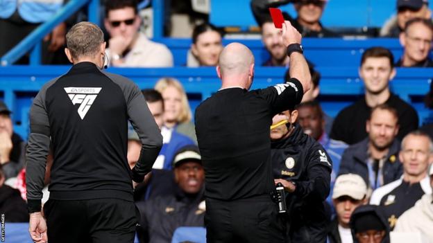 Chelsea assistant coach Jesus Perez is sent off against Brentford