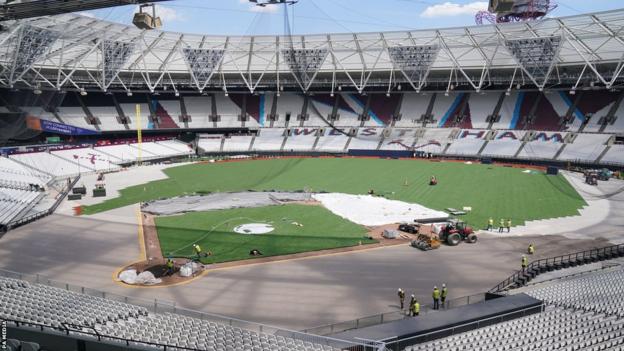 A general view of the London Stadium as the pitch is transformed into a baseball field for the two-game series between the St Louis Cardinals and Chicago Cubs