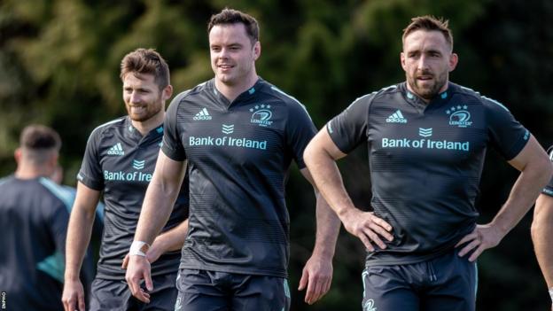 Ross Byrne, James Ryan and Jack Conan in Leinster training