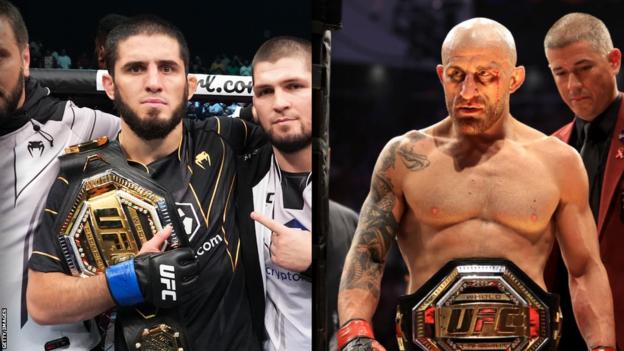 Split picture of Islam Makhachev and Alexander Volkanovski