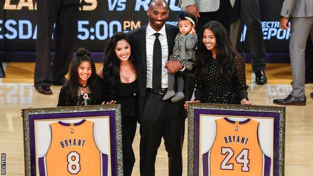 List of players with jerseys retired by the Los Angeles Lakers: Kobe  Bryant, Shaquille O'Neal, Magic