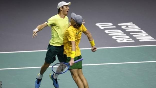 Australia's Max Purcell and Matthew Ebden celebrate winning their doubles match against France