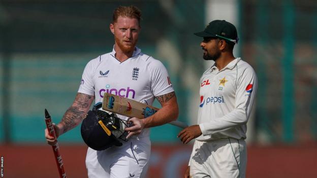 Ben Stokes speaking to Pakistan captain Babar Azam after England's win on day four of the third Test