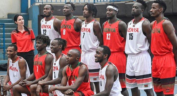 Liz Mills with the Kenyan men's basketball team
