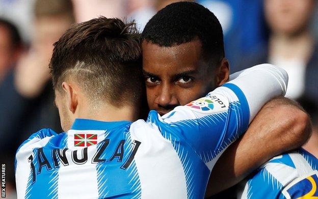 Real Sociedad's Alexander Isak heads for the ball during a Spanish