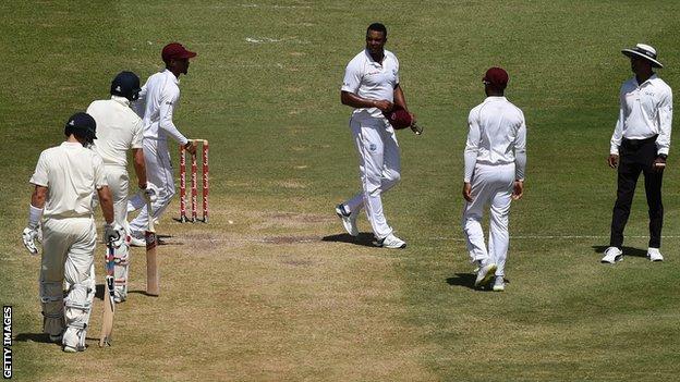 West Indies bowler Shannon Gabriel exchanges words with England captain Joe Root during the third Test