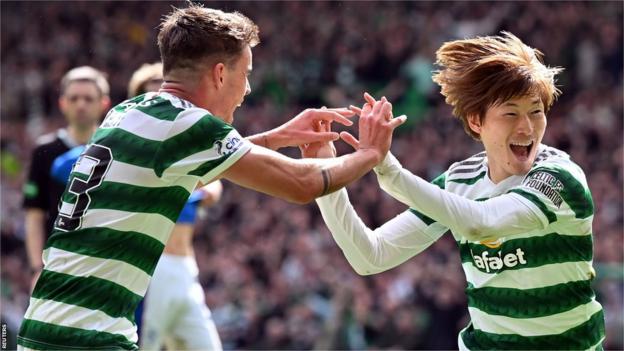 Kyogo Furuhashi celebrates scoring for Celtic against Rangers