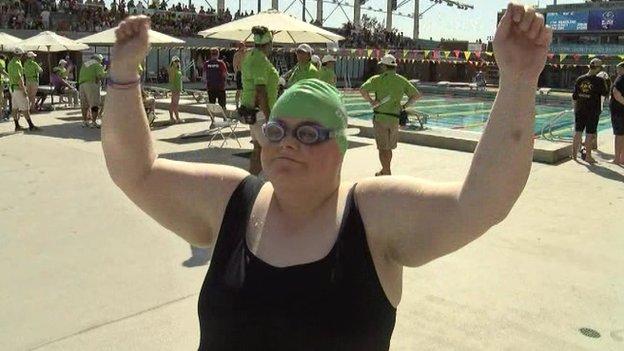 Sarah Jane Johnston celebrates winning bronze in the 100m backstroke