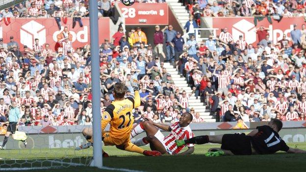 Liverpool keeper Simon Mignolet denied Saido Berahino his first Stoke goal on Saturday, saving with his legs near miraculously from point-blank range