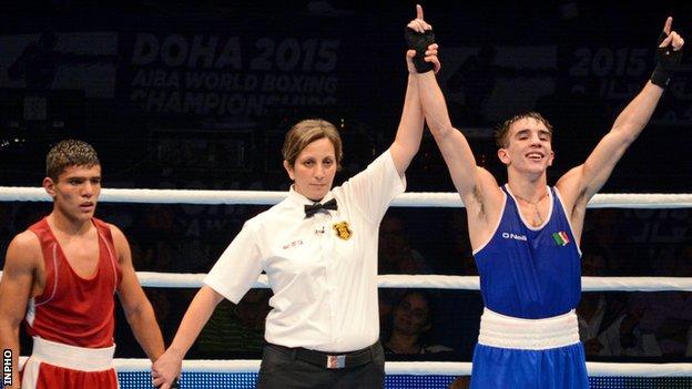 Michael Conlan celebrates after winning the gold medal at the World Championships in Doha