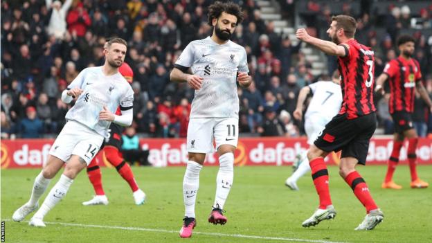 Liverpool's Mohamed Salah reacts after missing a penalty against Bournemouth in the Premier League