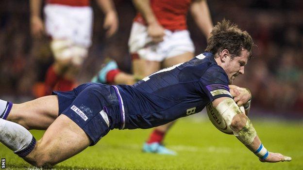 Scotland centre Peter Horne scores against Wales in Cardiff
