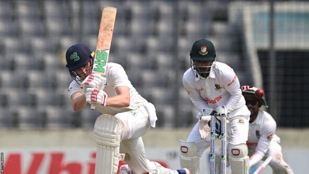 Irish Harry Tector is cleaned by Mehidy Hasan after scoring 50 on the first day of the Test match