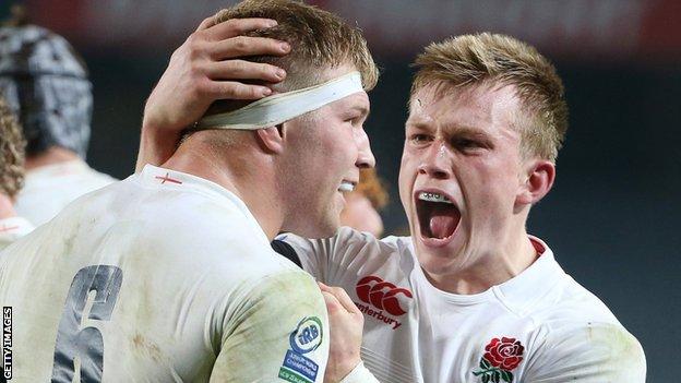 Ross Moriarty and Nick Tompkins celebrate while playing for England Under-20s