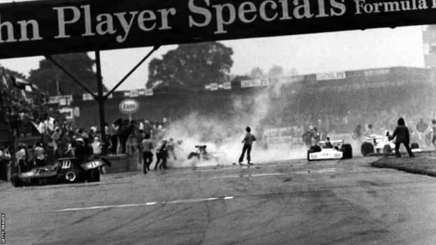 Result of the first lap pile-up which ultimately caused eleven cars to retire at the end of the first lap of the 1973 British Grand Prix.