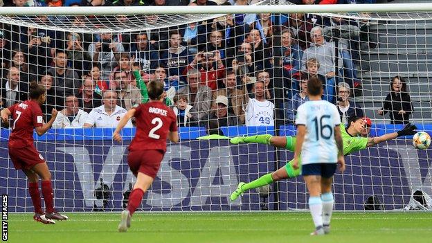 Argentina goalkeeper Vanina Correa saves Nikita Parris penalty for England