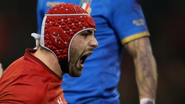 Cory Hill celebrates his try against Italy