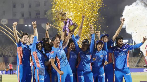 Mumbai Indians women team celebrate with WPL trophy