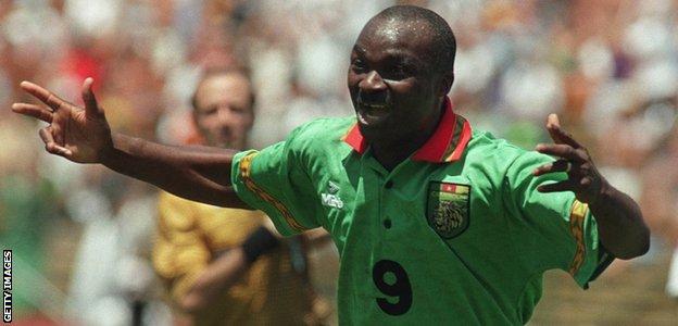 Roger Milla celebrates his goal against Russia at the 1994 World Cup