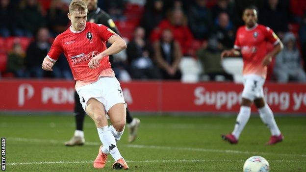 Sam Hughes in action for Salford City in the 2019-20 season