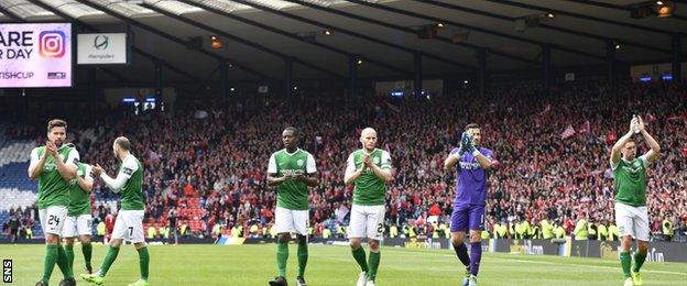 The Hibs players applaud their fans after losing to a late goal