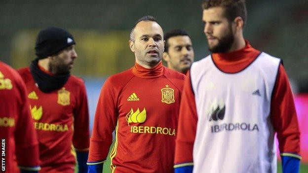 Andres Iniesta (centre) was among the Spain players training on Brussels on Monday