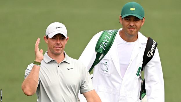 McIlroy and caddie Harry Diamond during the second round of the 2023 Masters
