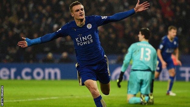 Leicester City forward Jamie Vardy celebrates scoring